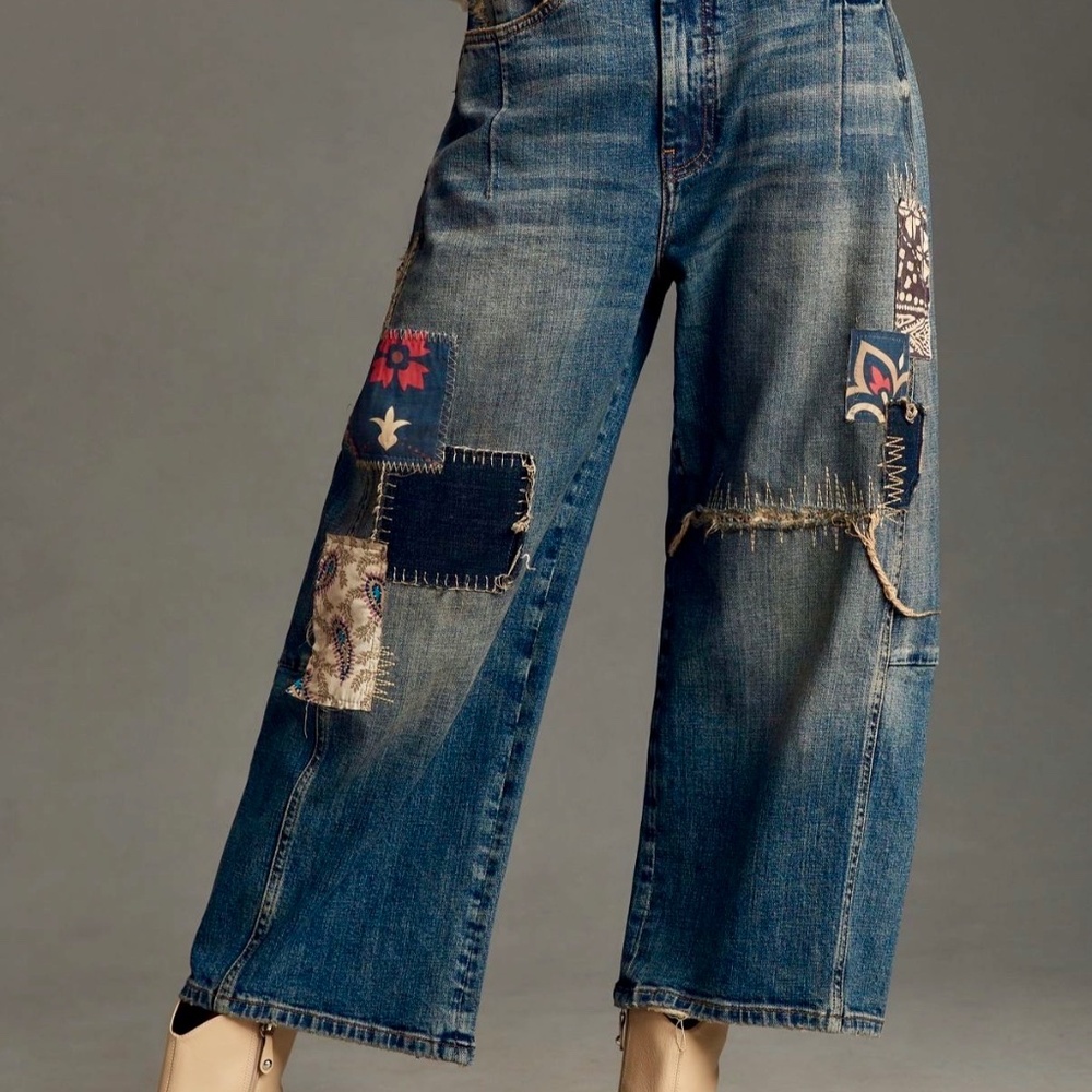 Wide-Leg Patchwork Blue Jeans for Women - Picture 2 of 7